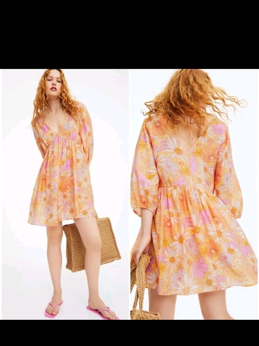 H&M Daisy Floral V-Neck Babydoll Dress Peach Pink Plus XXL Romantic Feminine